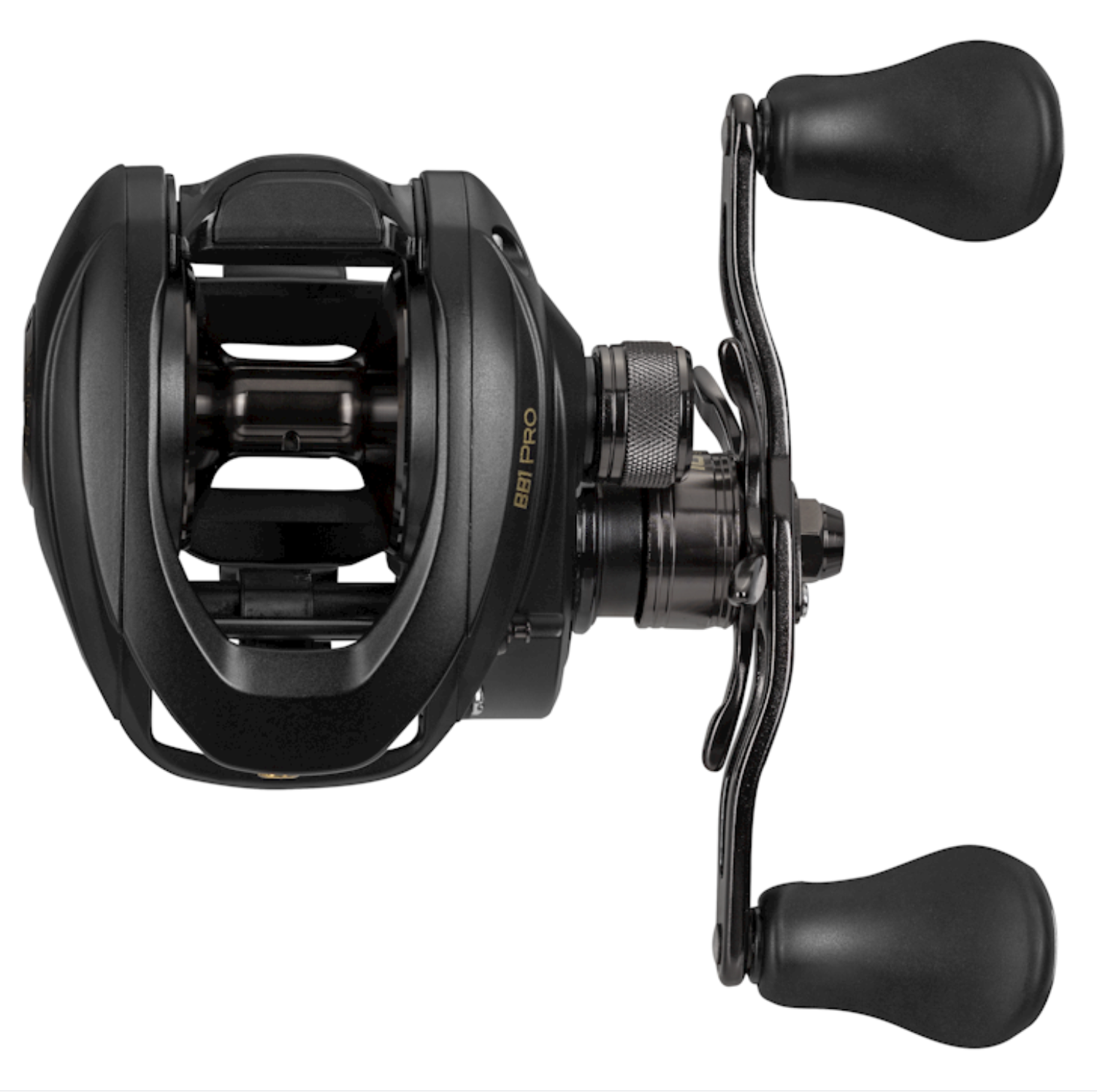 Black fishing reel on a white background