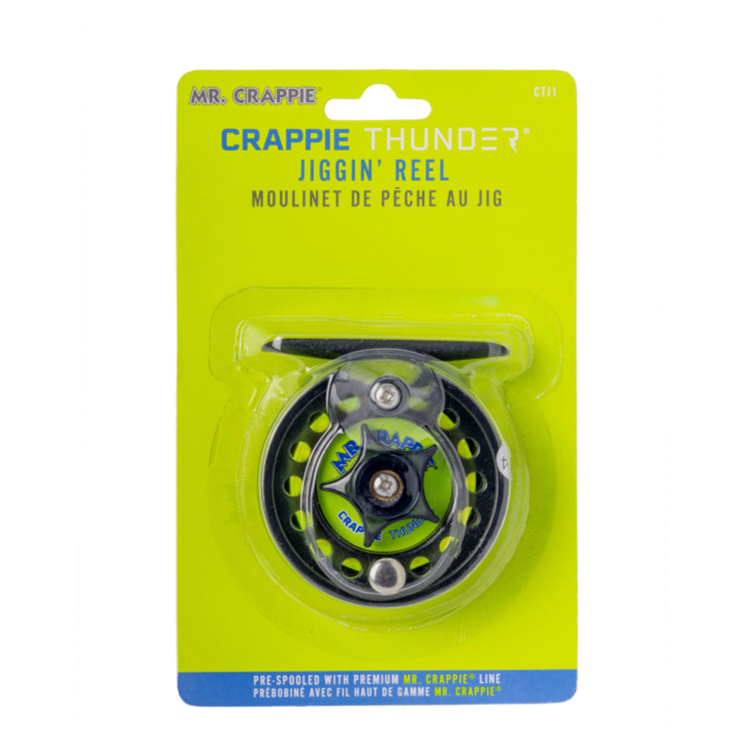 Mr. Crappie Crappie Thunder Jiggin' Reel packaging on a white background