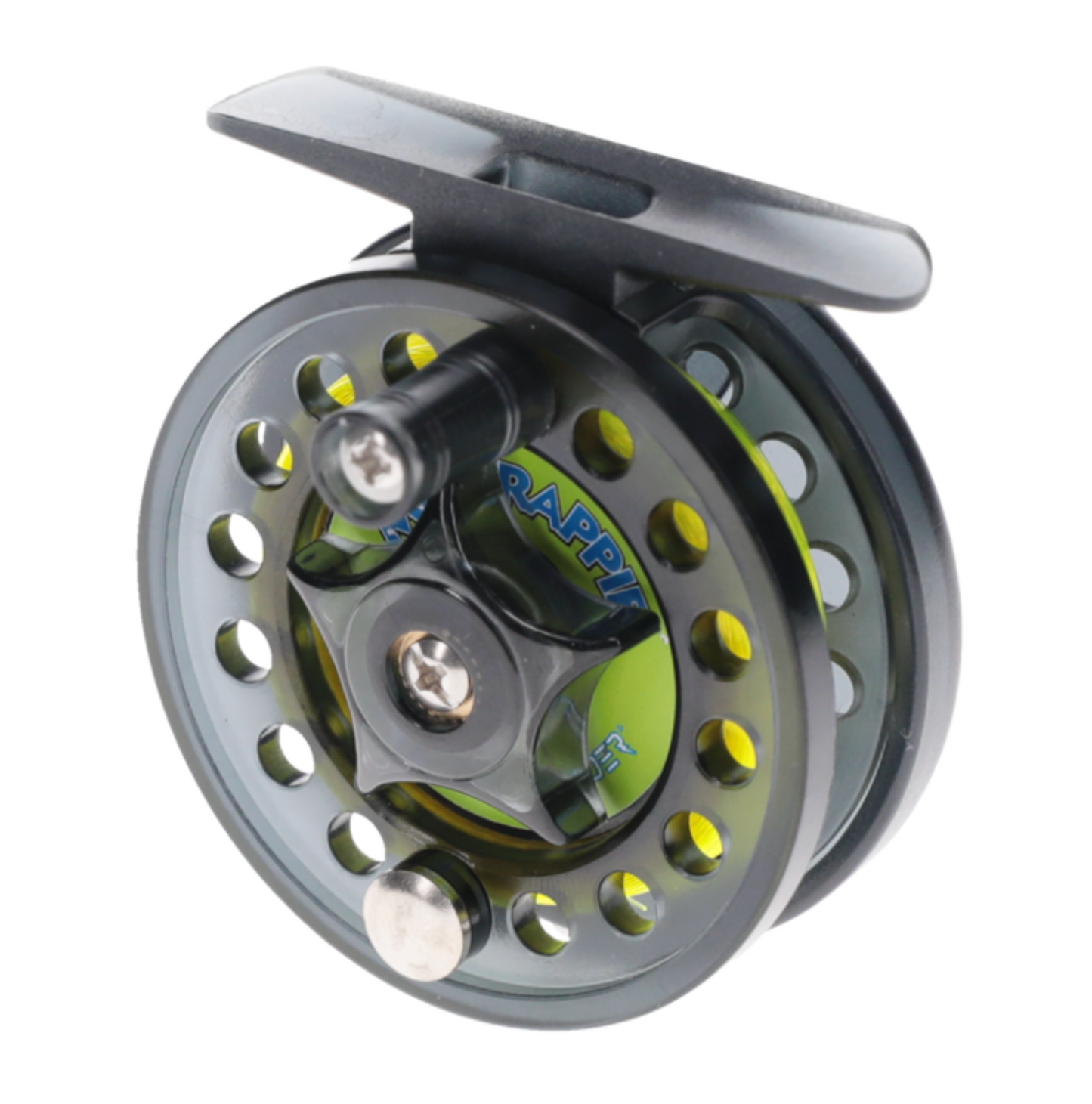 Fishing reel with visible brand name on a white background