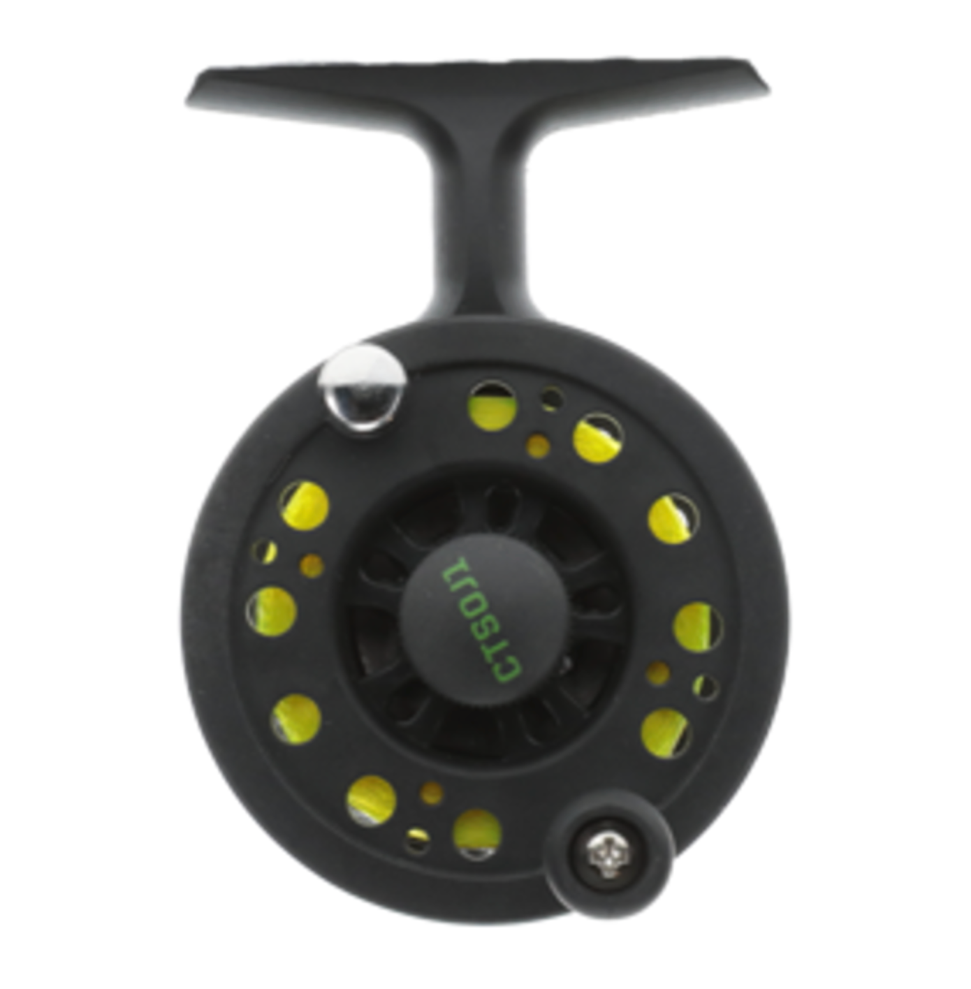 Black fly fishing reel with yellow accents on a white background
