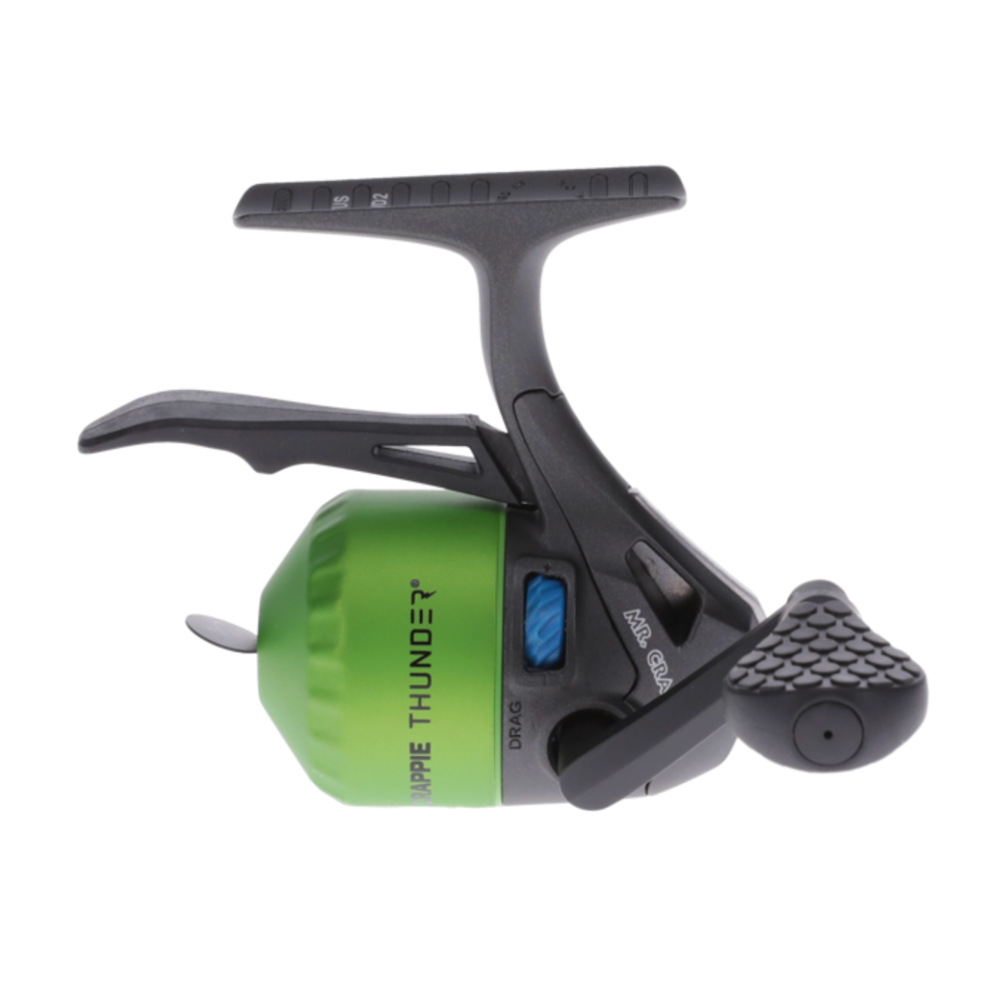 Fishing reel with green and black design on a white background