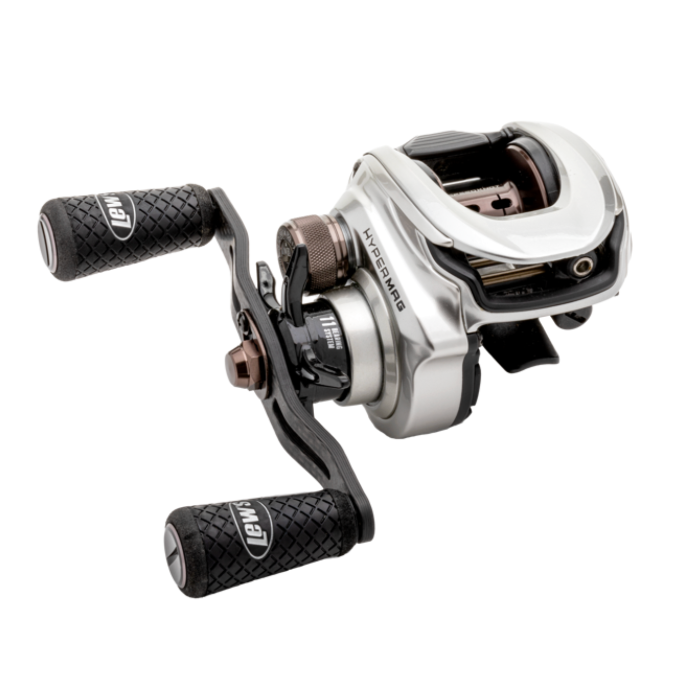 Fishing reel with black and silver design on a white background
