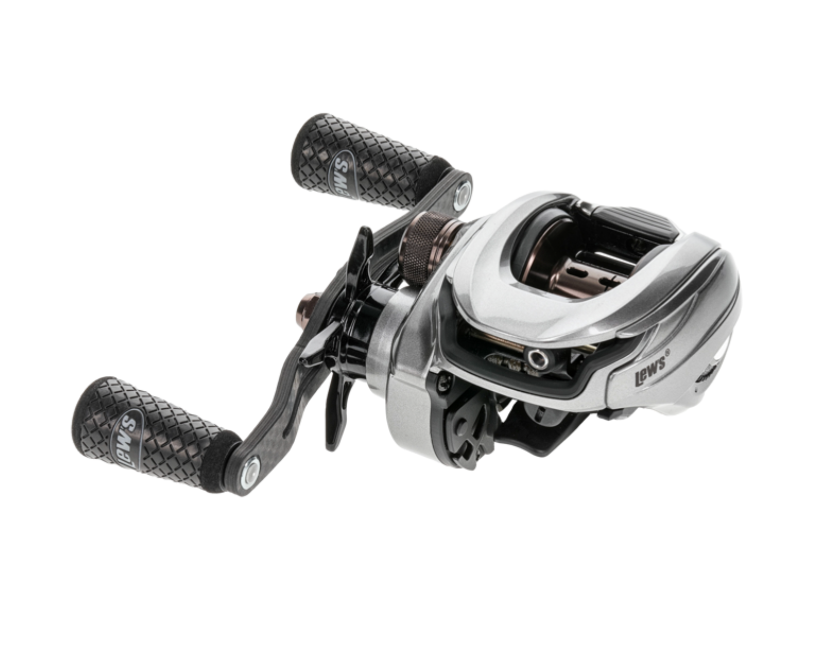 Fishing reel with black and silver design on a white background