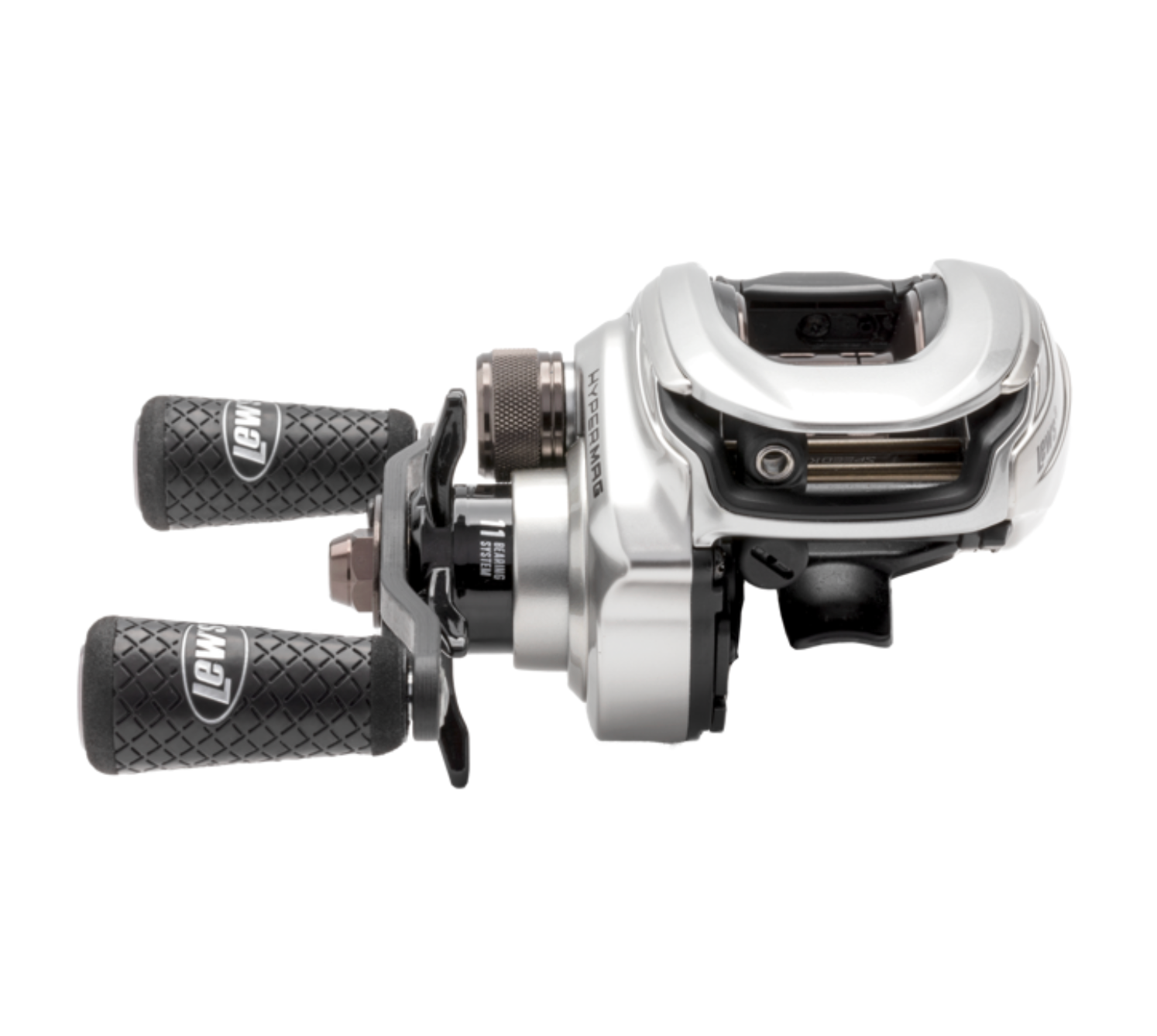 Fishing reel with black and silver design on a white background