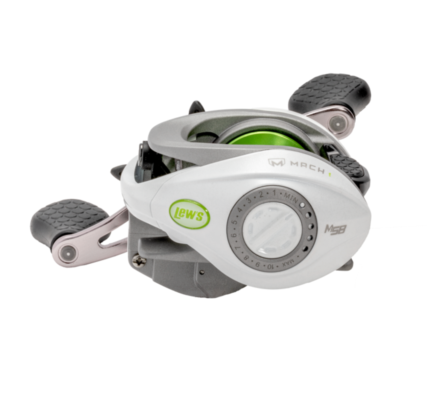 Fishing reel with black and green accents on a white background