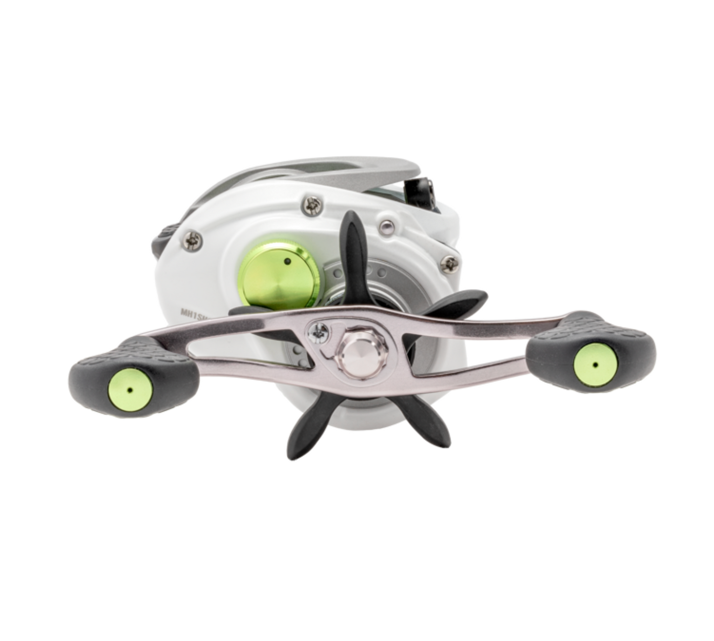 Fishing reel with black and green accents on a white background