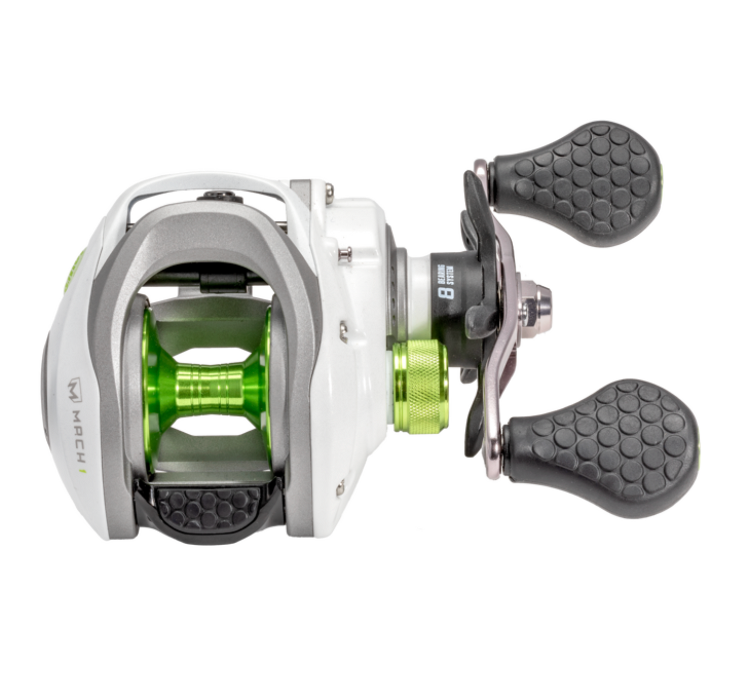 Fishing reel with black and green accents on a white background