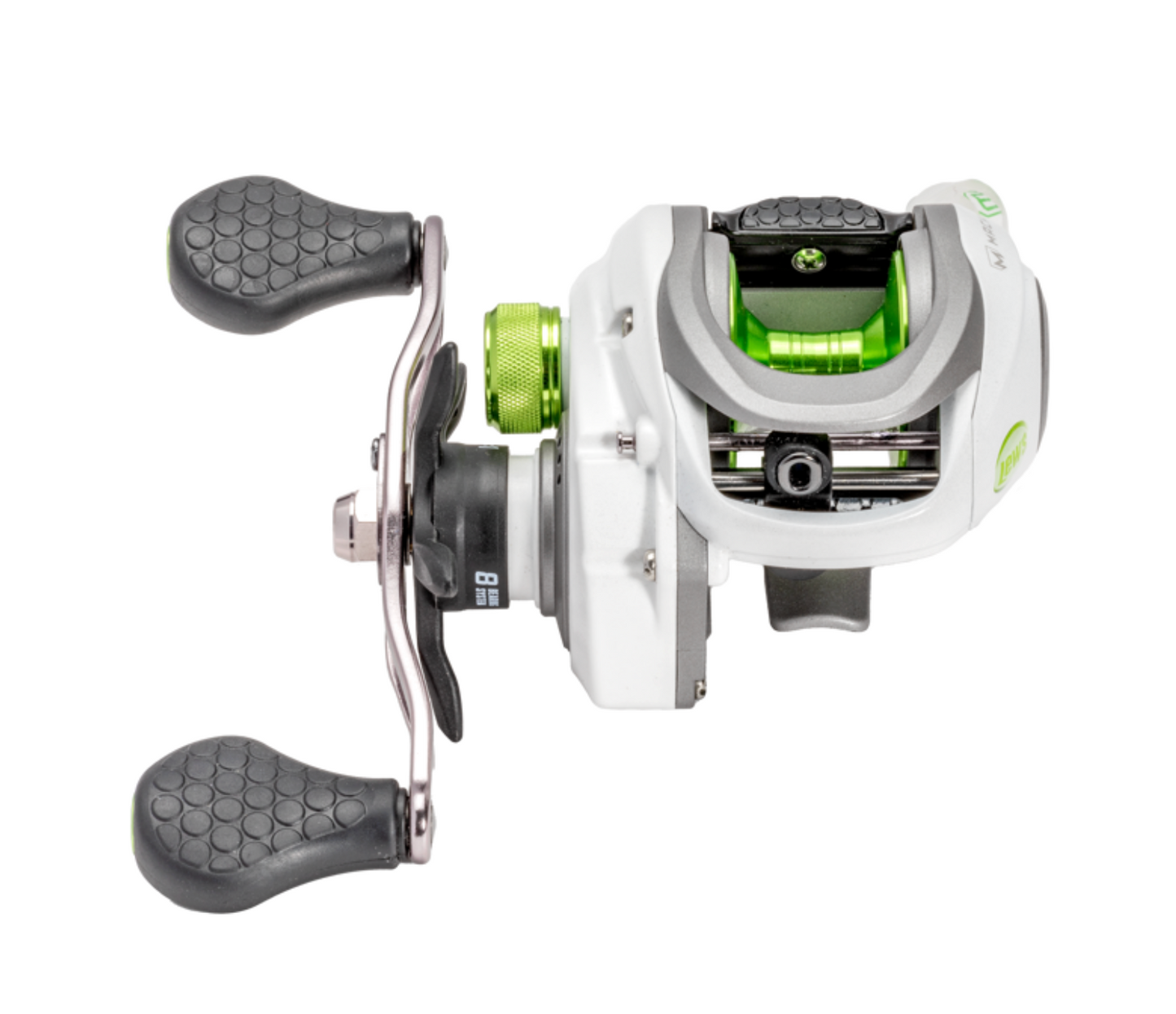 Fishing reel with black and green accents on a white background