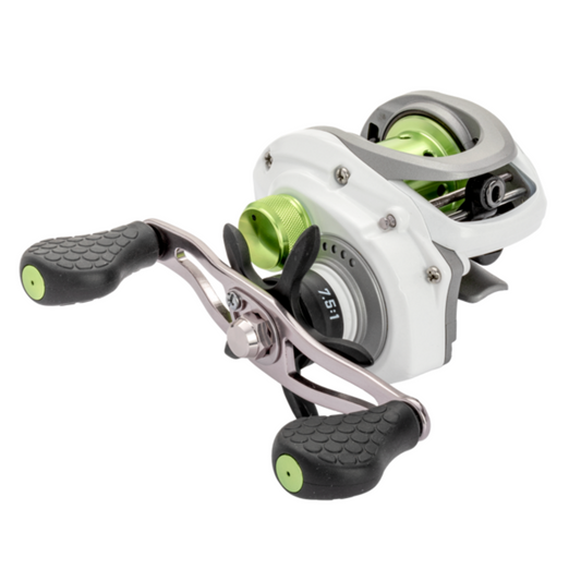 Fishing reel with white frame, black and green accents on a white background