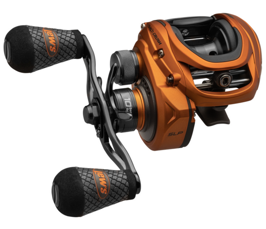 Orange and black fishing reel on a white background