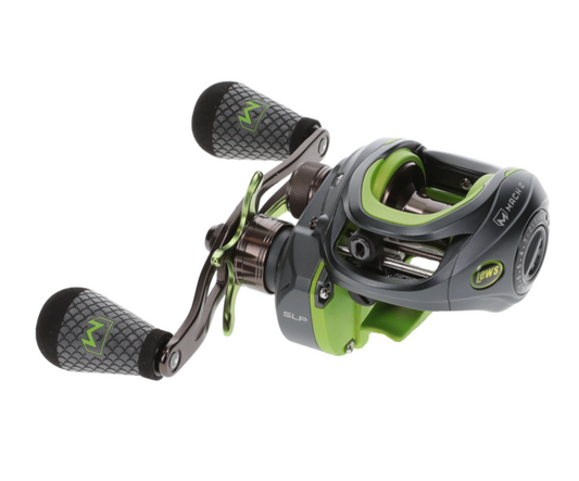 Fishing reel with black and green design on a white background