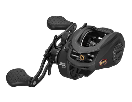Black fishing reel with visible brand logo on a white background