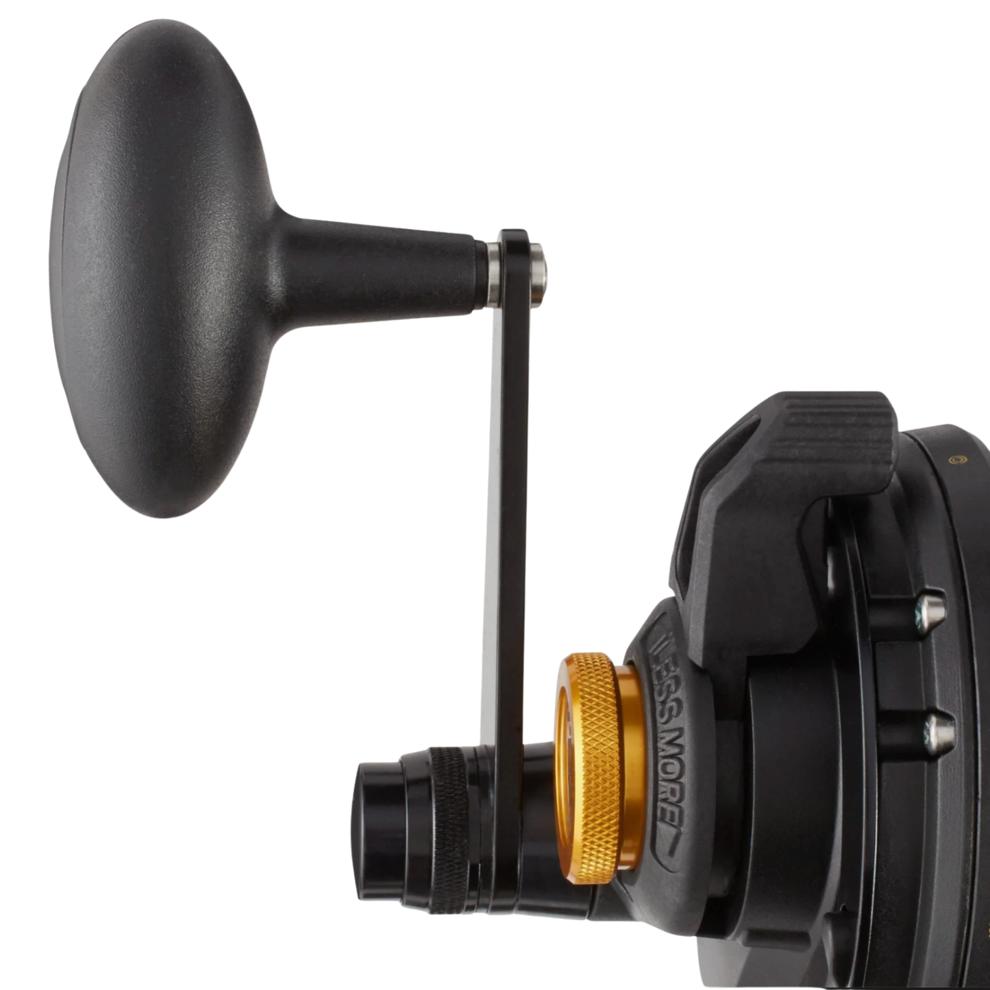 Close-up of a fishing reel with a black handle and gold accents on a white background
