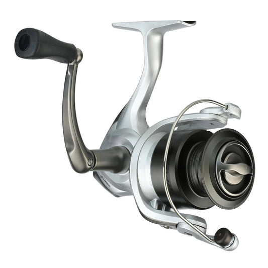 Fishing reel with metallic finish on a white background