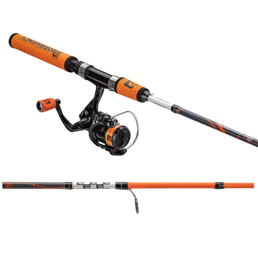 Fishing rod and reel set with orange and black design on a white background