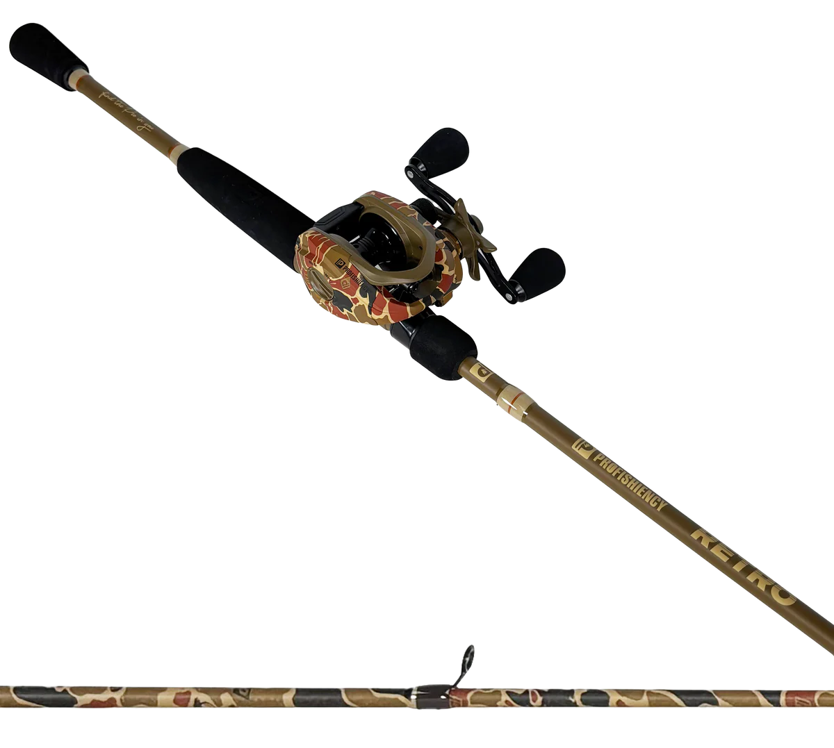 Fishing rod and reel set with camouflage pattern on a white background