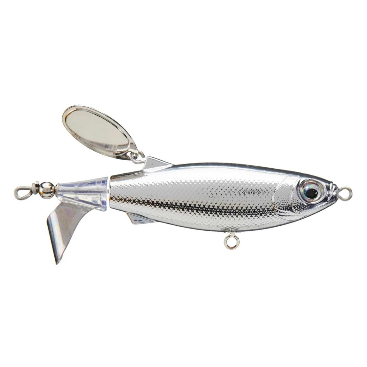 Metallic fishing lure on a white background