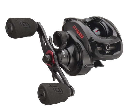 Black fishing reel with red text on a white background