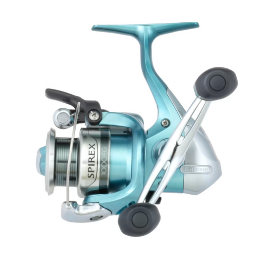 Spinning fishing reel with 'Spirox' branding on a white background