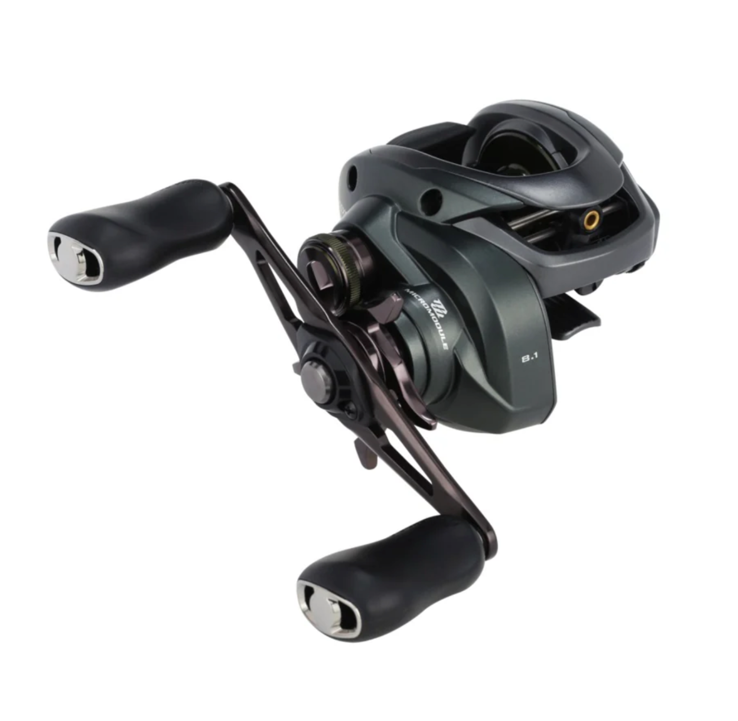 Black fishing reel on a white background