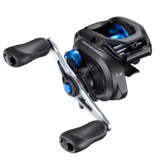 Fishing reel with black and blue design on a white background