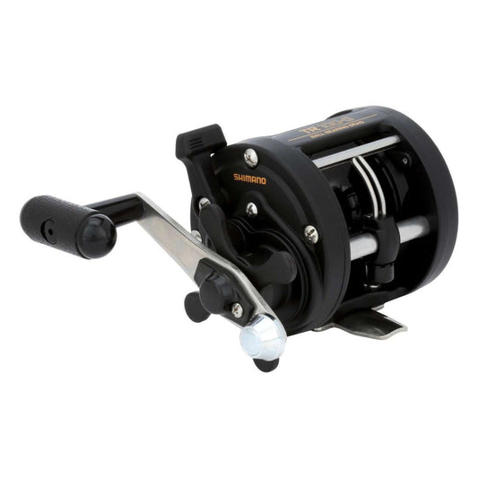 Fishing reel with 'Shimano' branding on a white background