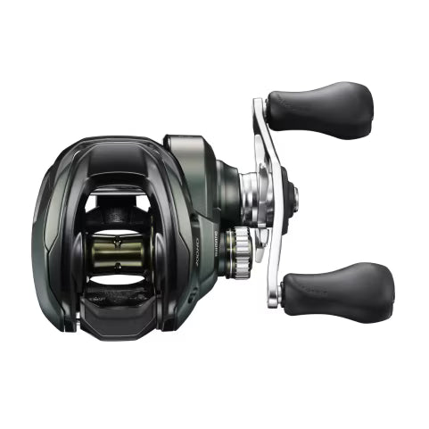 Fishing reel with black handle on a white background