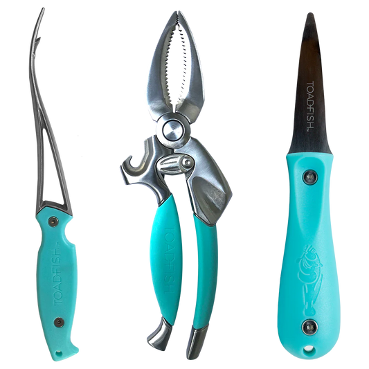 Set of three fishing tools with turquoise handles on a white background