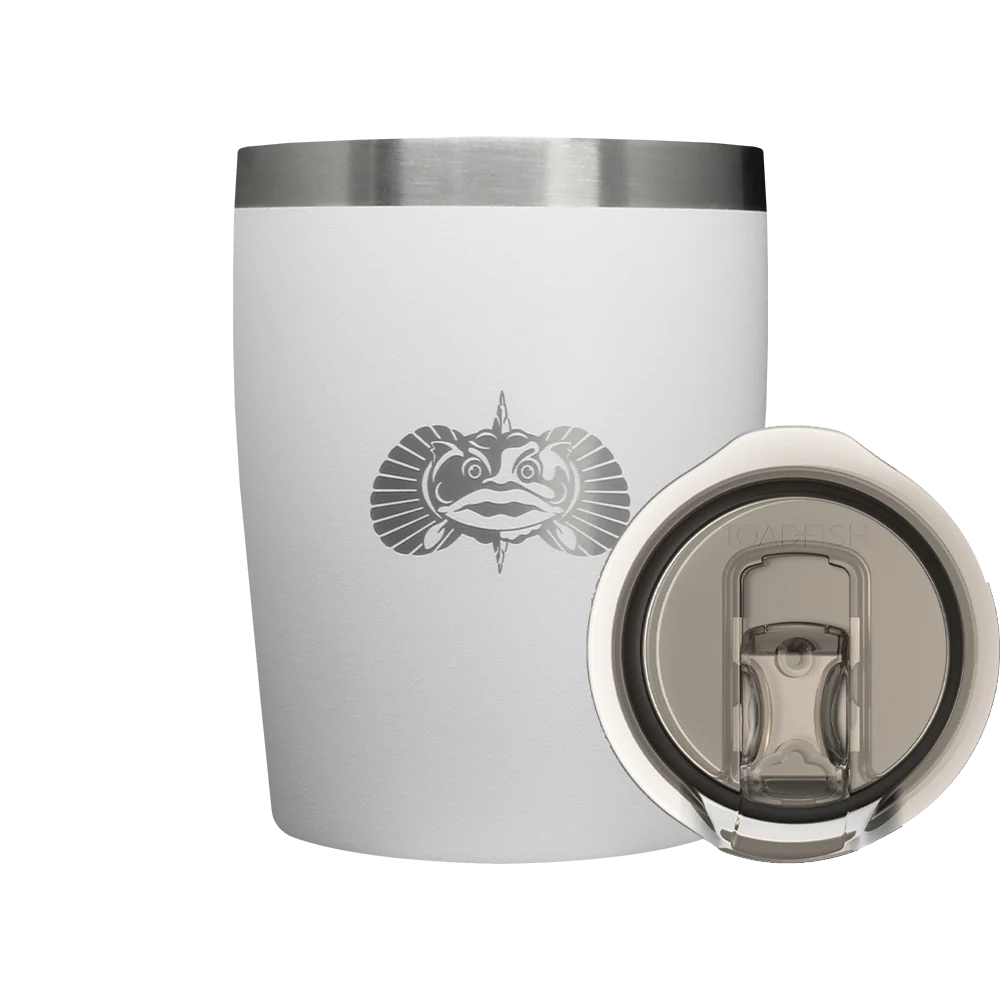 White tumbler with a fish design and silver lid on a white background