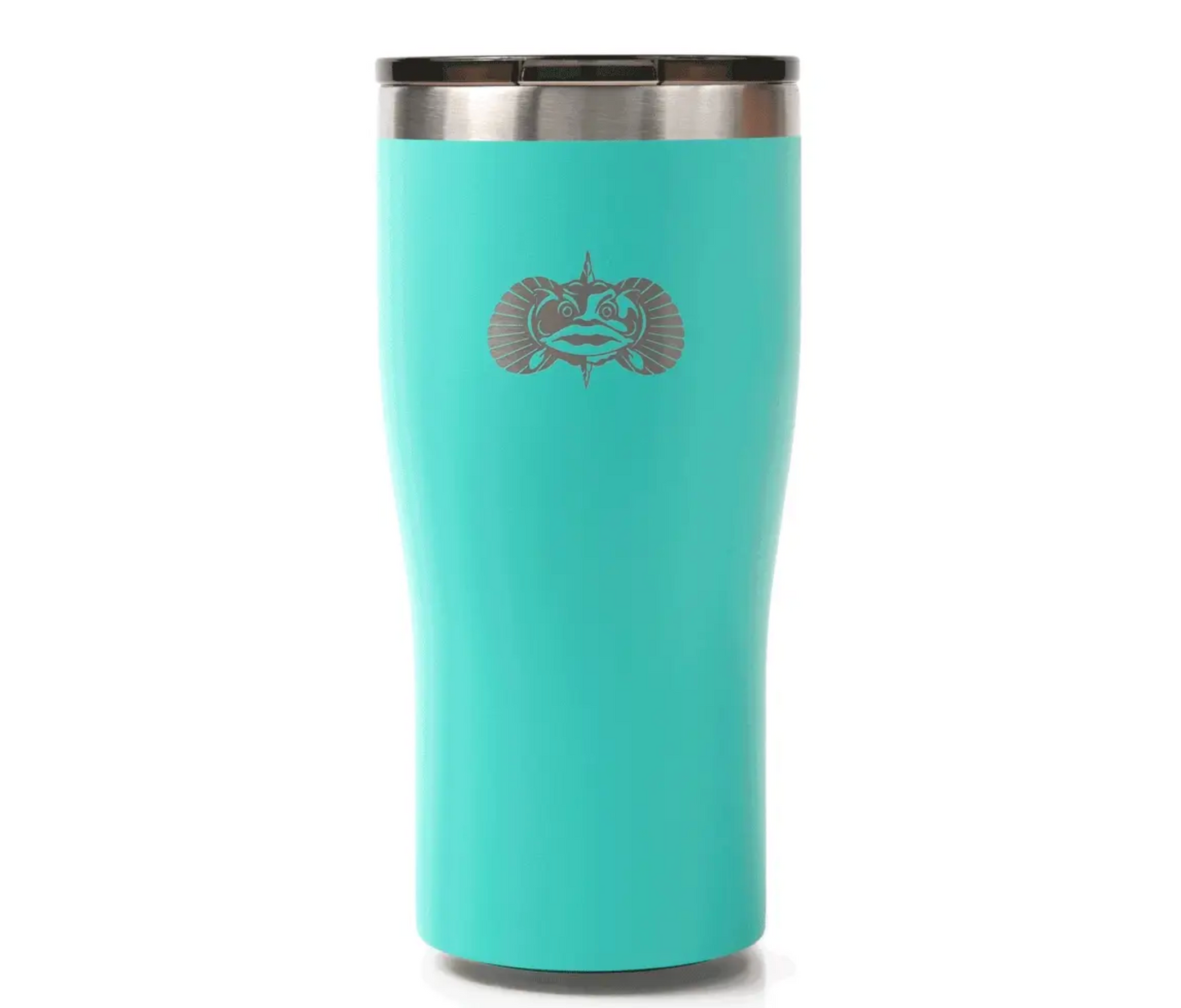 Turquoise tumbler with a logo on a white background
