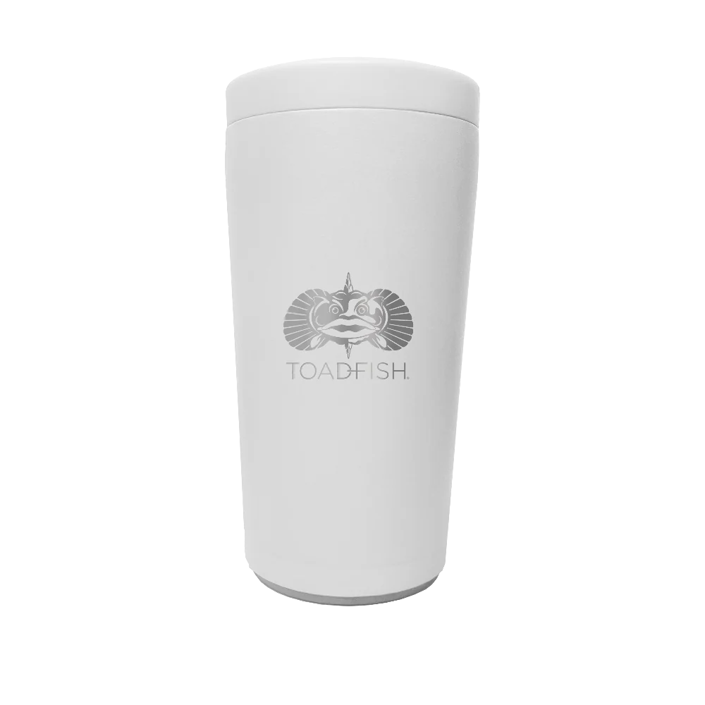 White tumbler with 'TOADFISH' logo on a white background