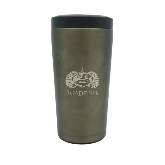 Silver tumbler with black lid featuring Toadfish logo on a white background