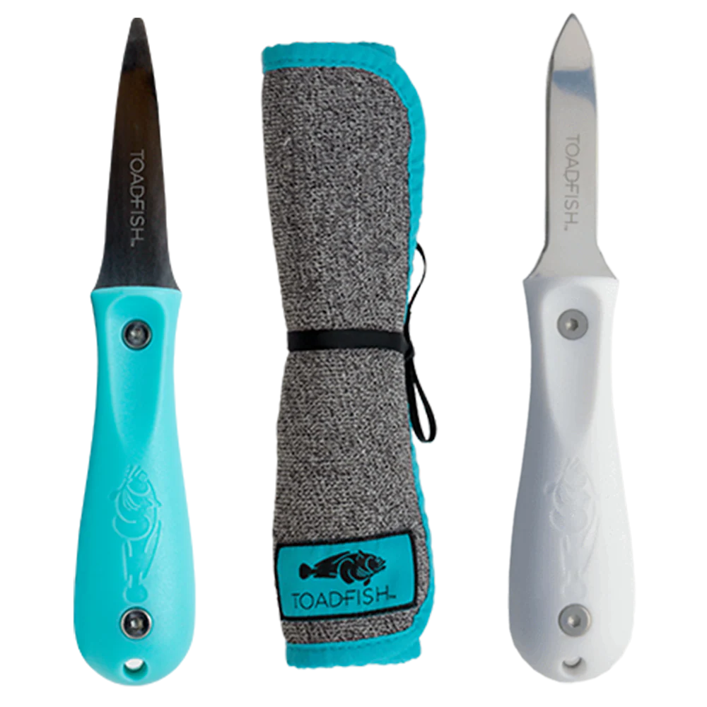 Two pocket knives with turquoise and white handles, one with a sheath, on a white background.