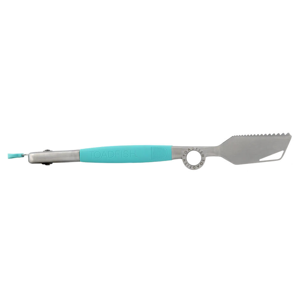 Barbecue tool with turquoise handle and metal blade on a white background
