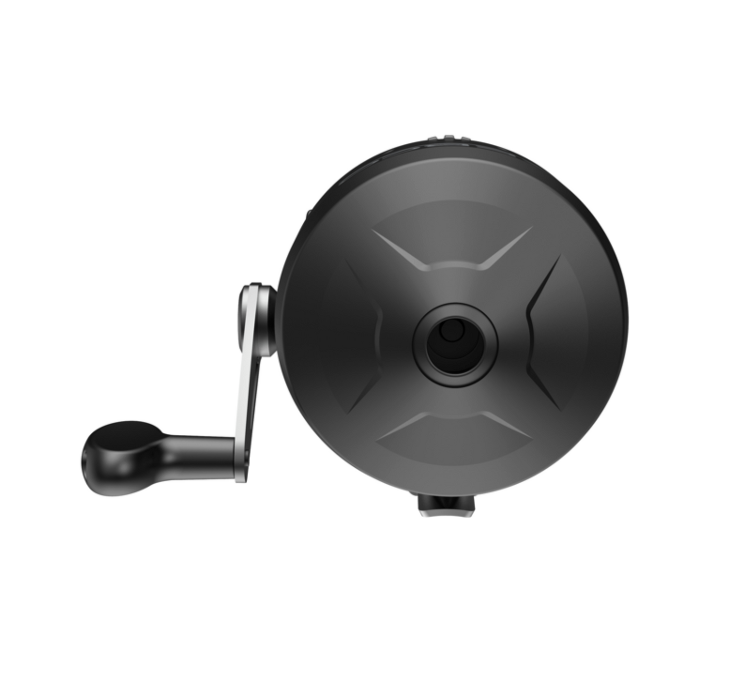 Black fishing reel on a white background