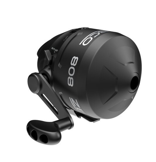 Black fishing reel with 'Zebco' branding on a white background