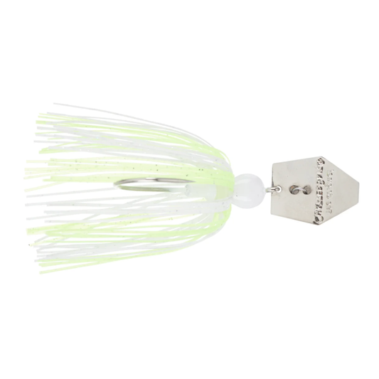 Fishing lure with green and white skirt on a white background