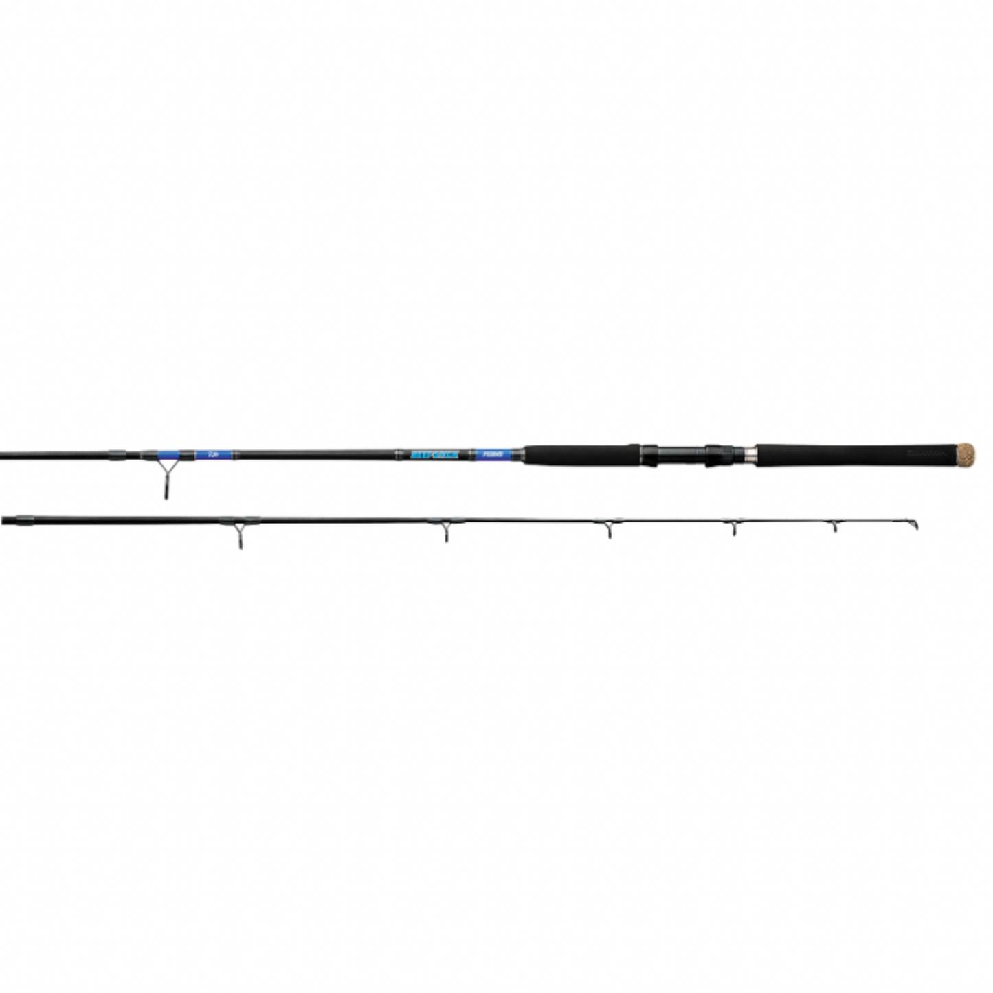 Fishing rod with black and blue handle on a white background