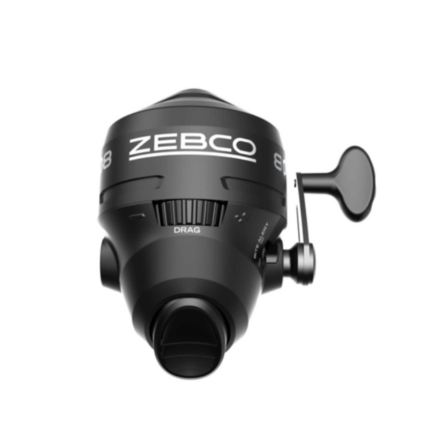 A black ZEBCO 808 SPINCAST REEL with a drag system and a handle.