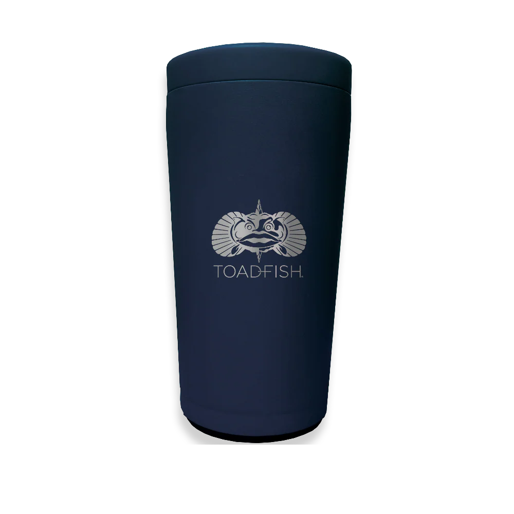 Navy blue tumbler with 'TOADFISH' logo on a white background