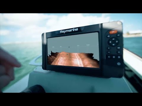 Raymarine marine navigation display with touchscreen interface on a white background