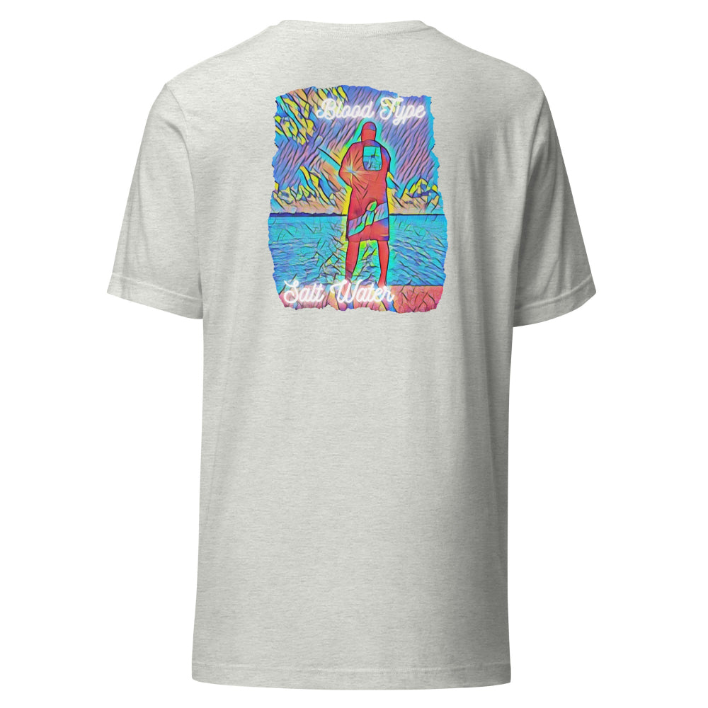 Gray t-shirt with a colorful graphic of man fishing, on the back against a white background