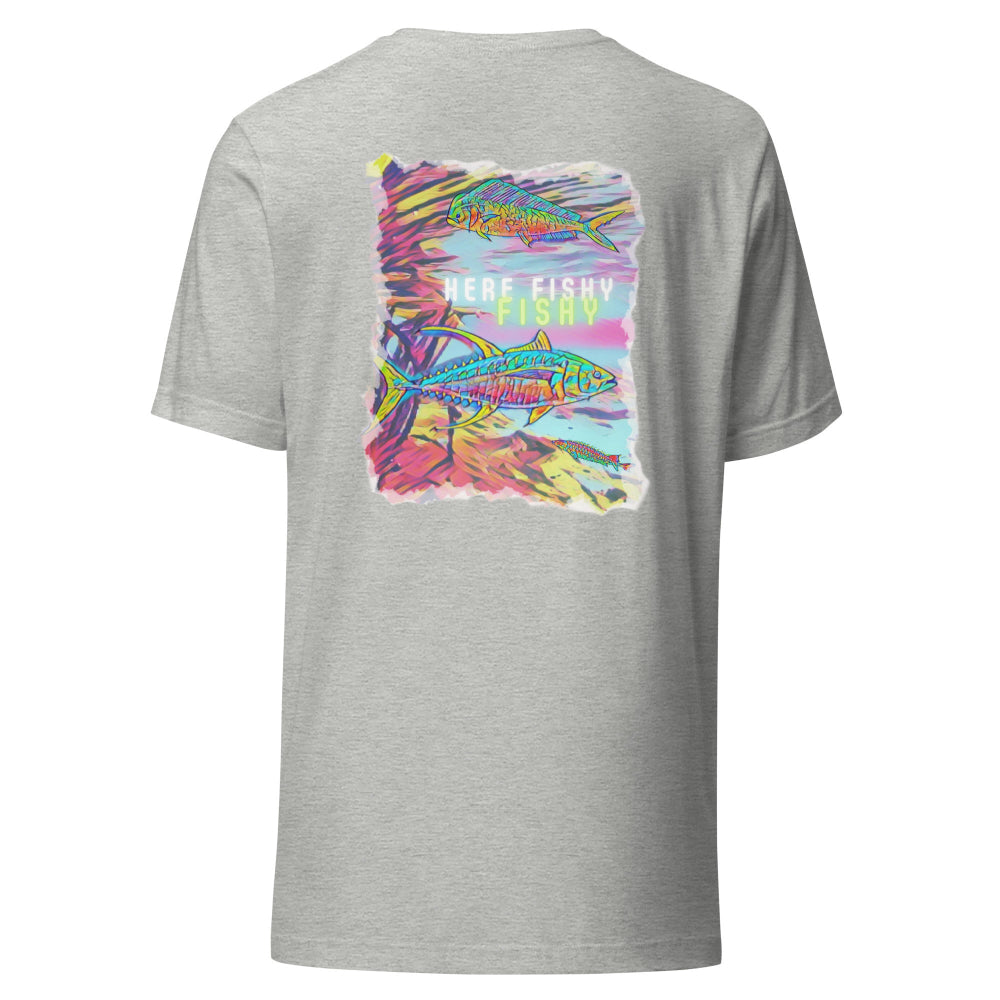 Gray t-shirt with colorful fish graphic on the back against a white background