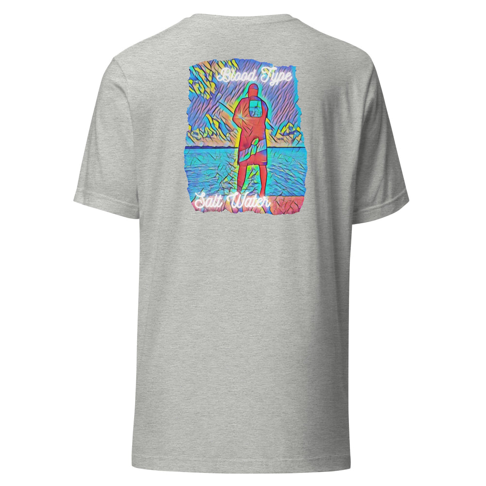 Gray t-shirt with a colorful graphic on the back against a white background