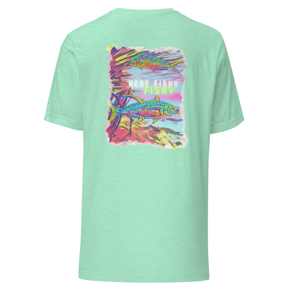 Mint green t-shirt with colorful fish graphic on the back against a white background