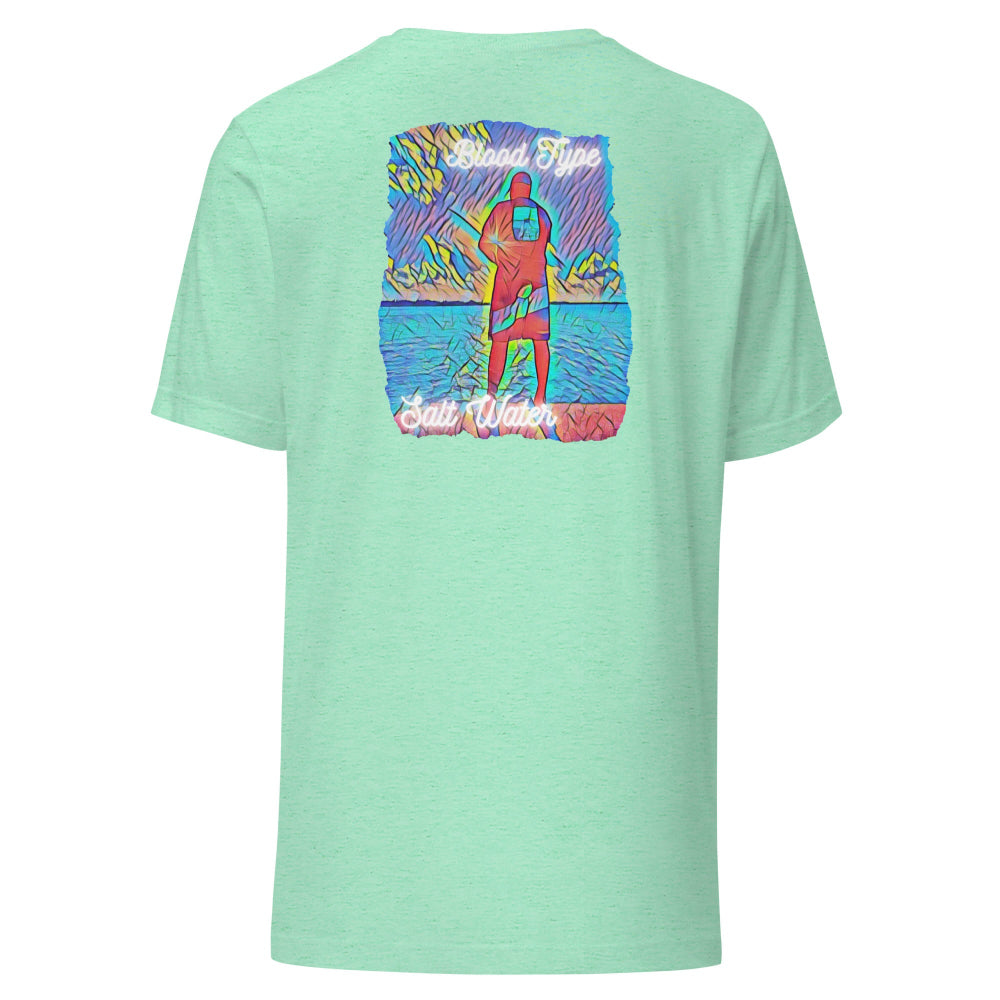 Mint green t-shirt with a colorful graphic on the back against a white background