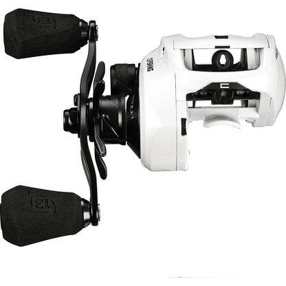 Fishing reel with black and white design on a white background