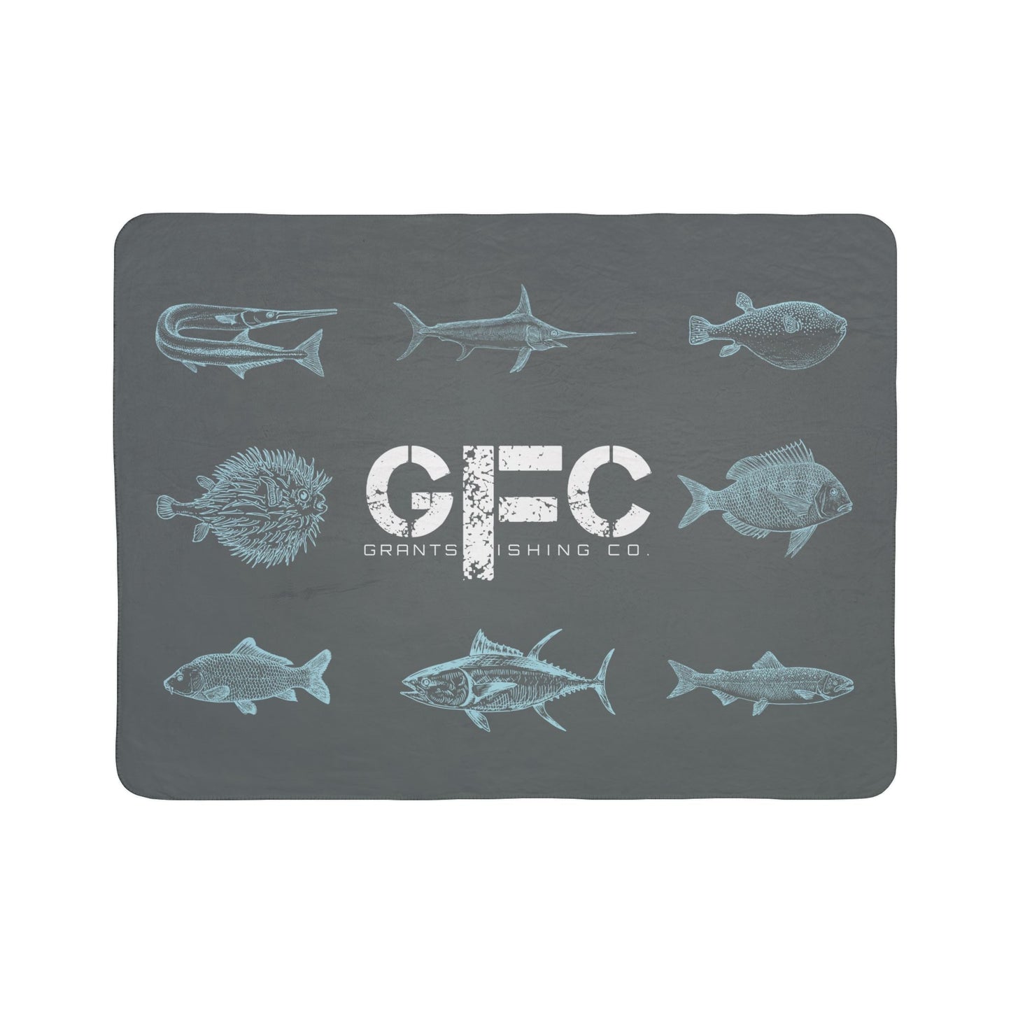 Gray blanket with fish illustrations and a logo on a white background
