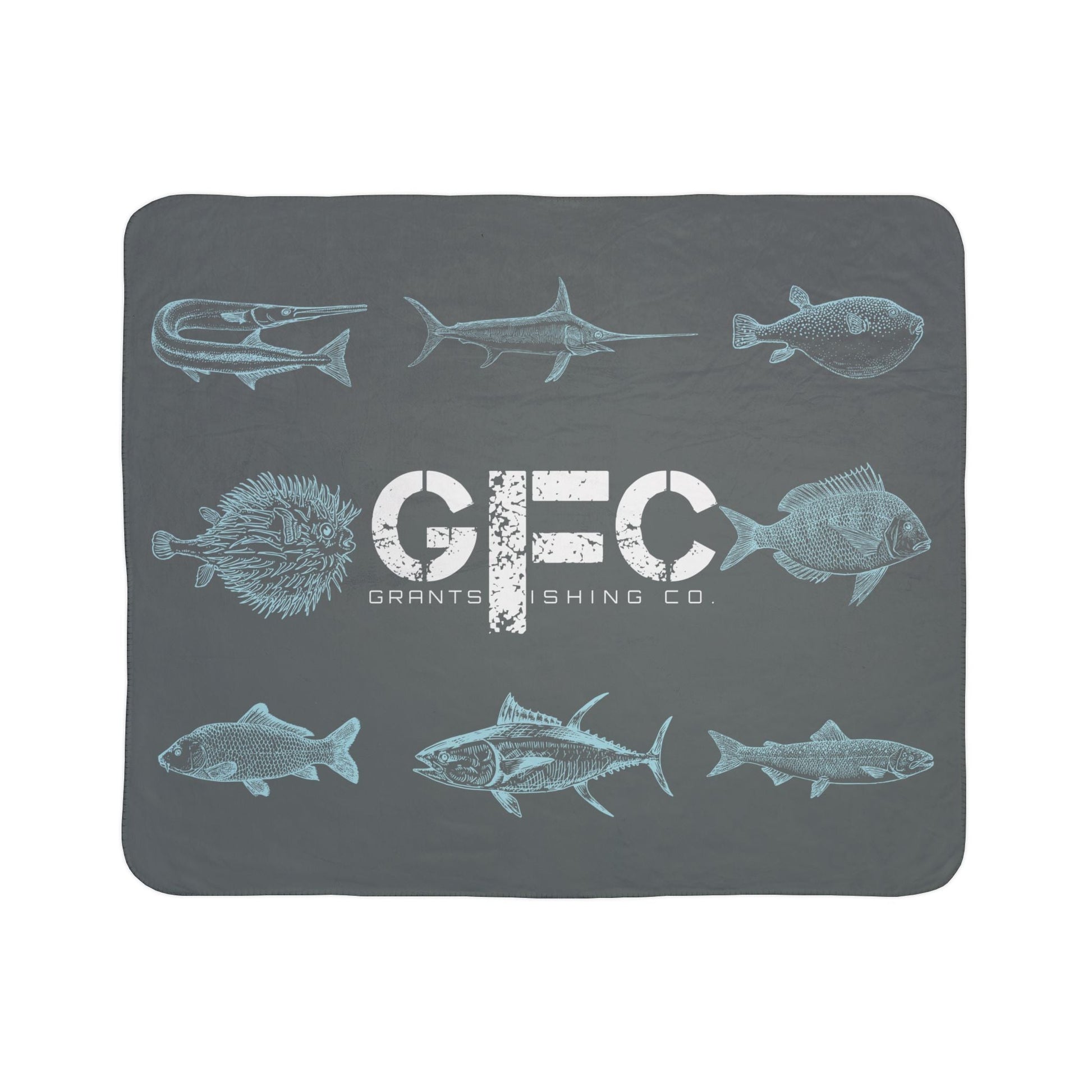 Gray mat with fish illustrations and 'GFC' logo on a white background