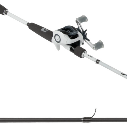 Fishing rod and reel combo on a white background